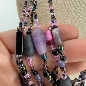Modern Beaded Necklace Purple Pink Layered Polished Stone 20”